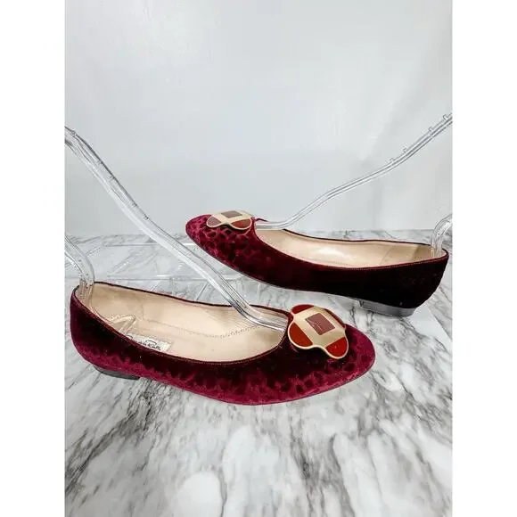Oscar de la Renta Bordeaux Velvet Flat Ballet Shoes 38.5 US 8 Burgundy Gold - Picture 2 of 7